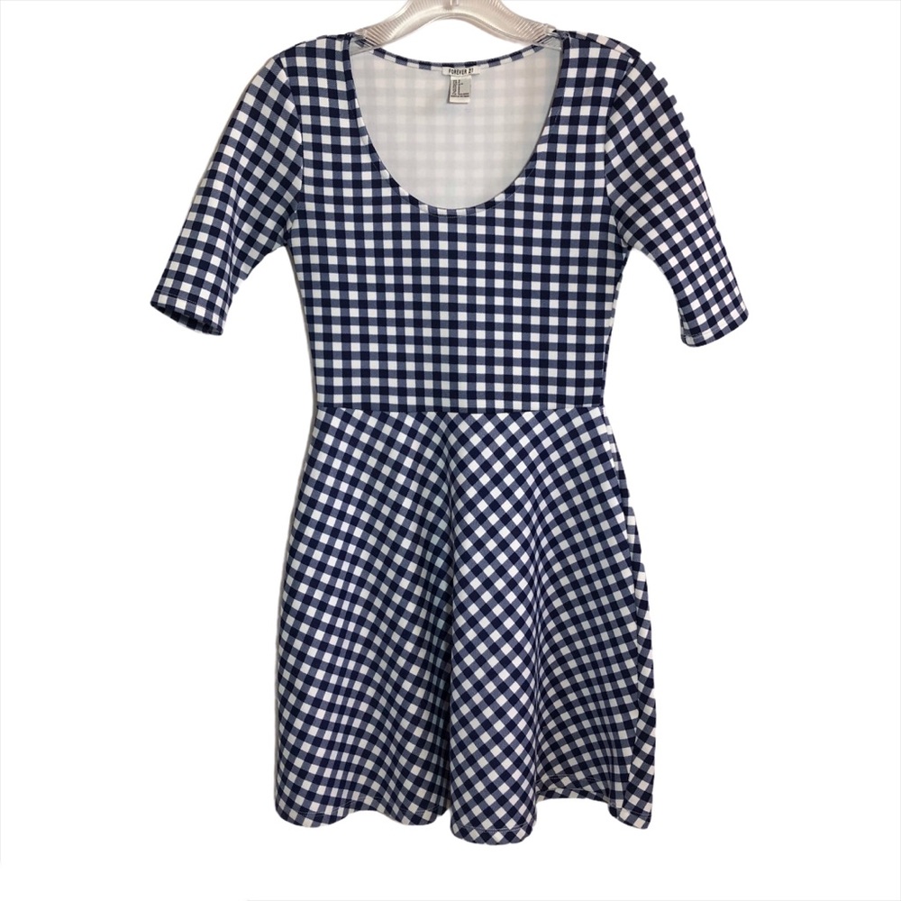 Navy Gingham Fit & Flare Dress - Scoop Neck